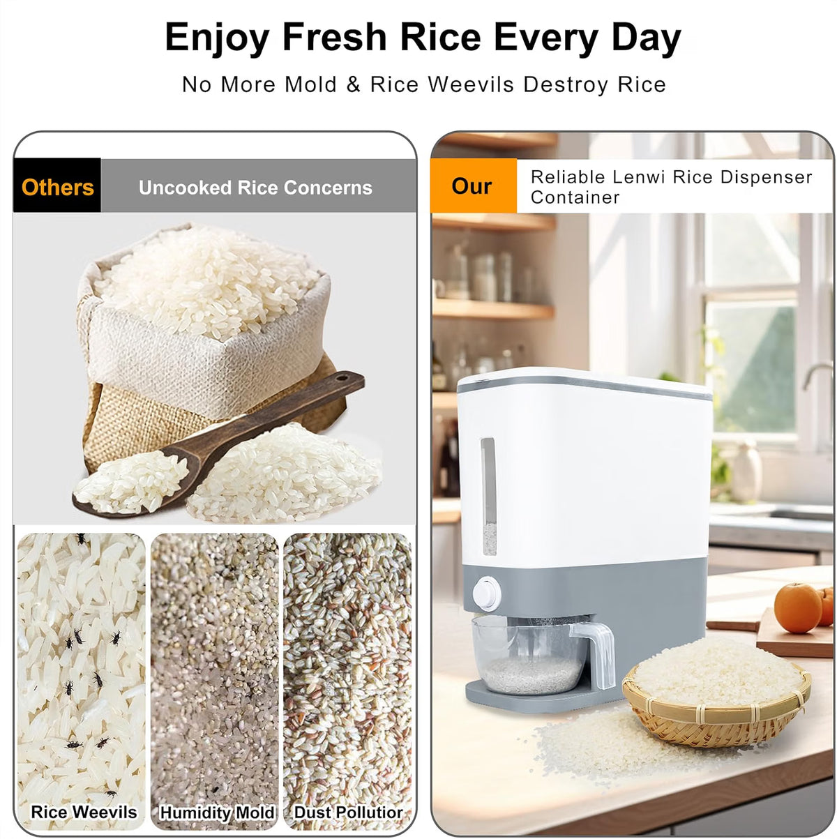 DISPENSADOR DE ARROZ 22 LIBRAS CON DOSIFICADOR Y TAZA MEDIDORA